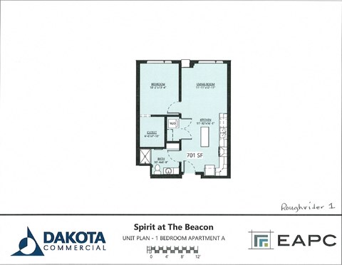 Floor plan for 1 bed, 1 bath, 690 sqft